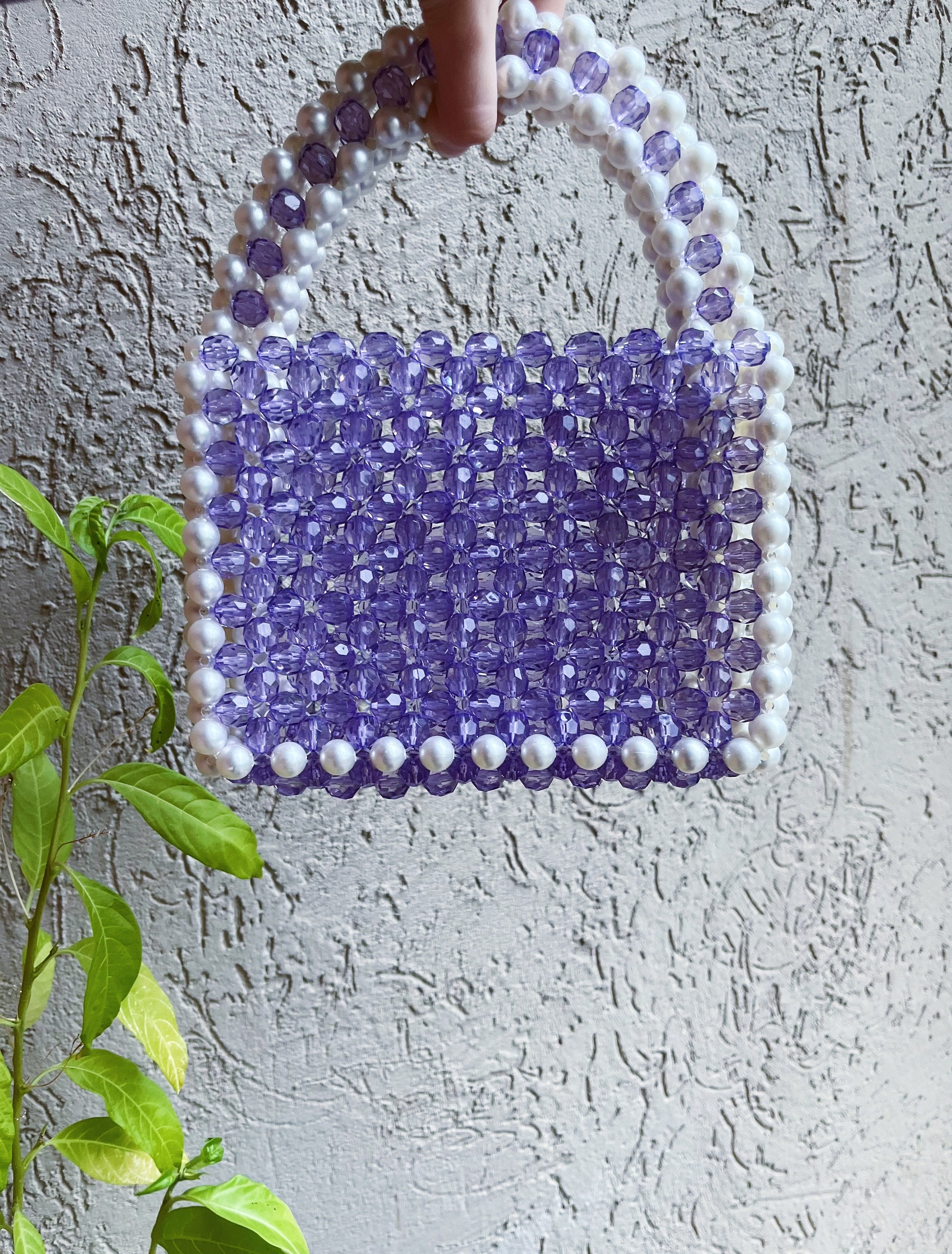 Lavender Transparent Beaded Handbag with Pearl Handle, Approx. 8.3" x 6.7"