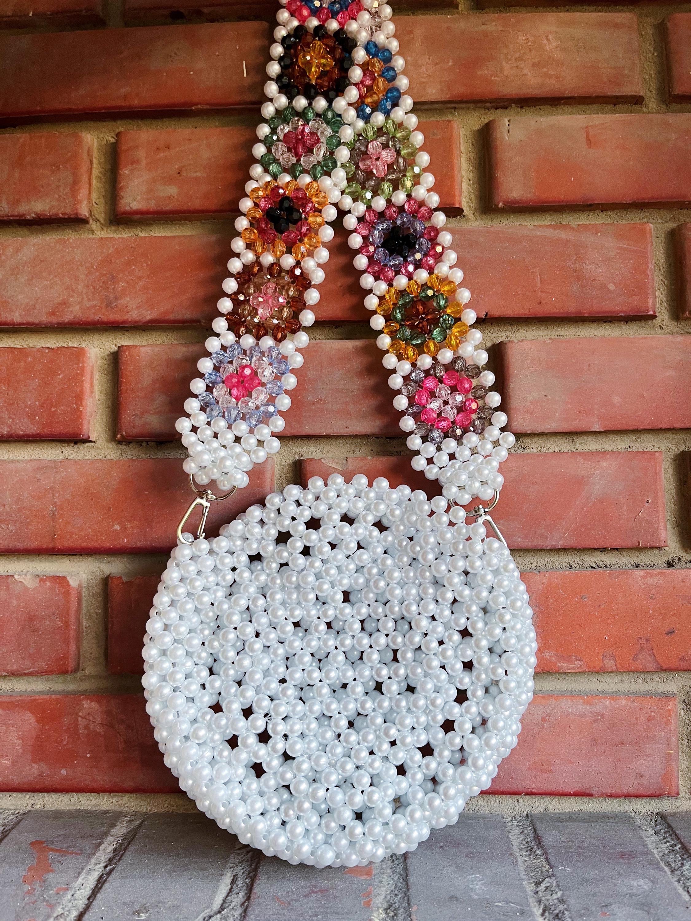 Vintage Pearl Beaded Round Shoulder Bag with Floral Strap, 8.3" Diameter